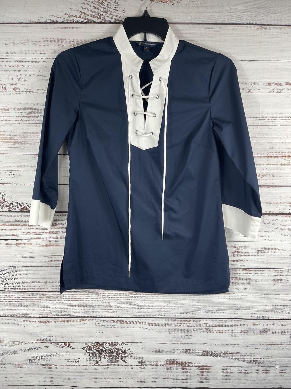 Brooks Brothers Shirt Women's Small Navy Lace Up Popover 3/4 Sleeve Nautical
